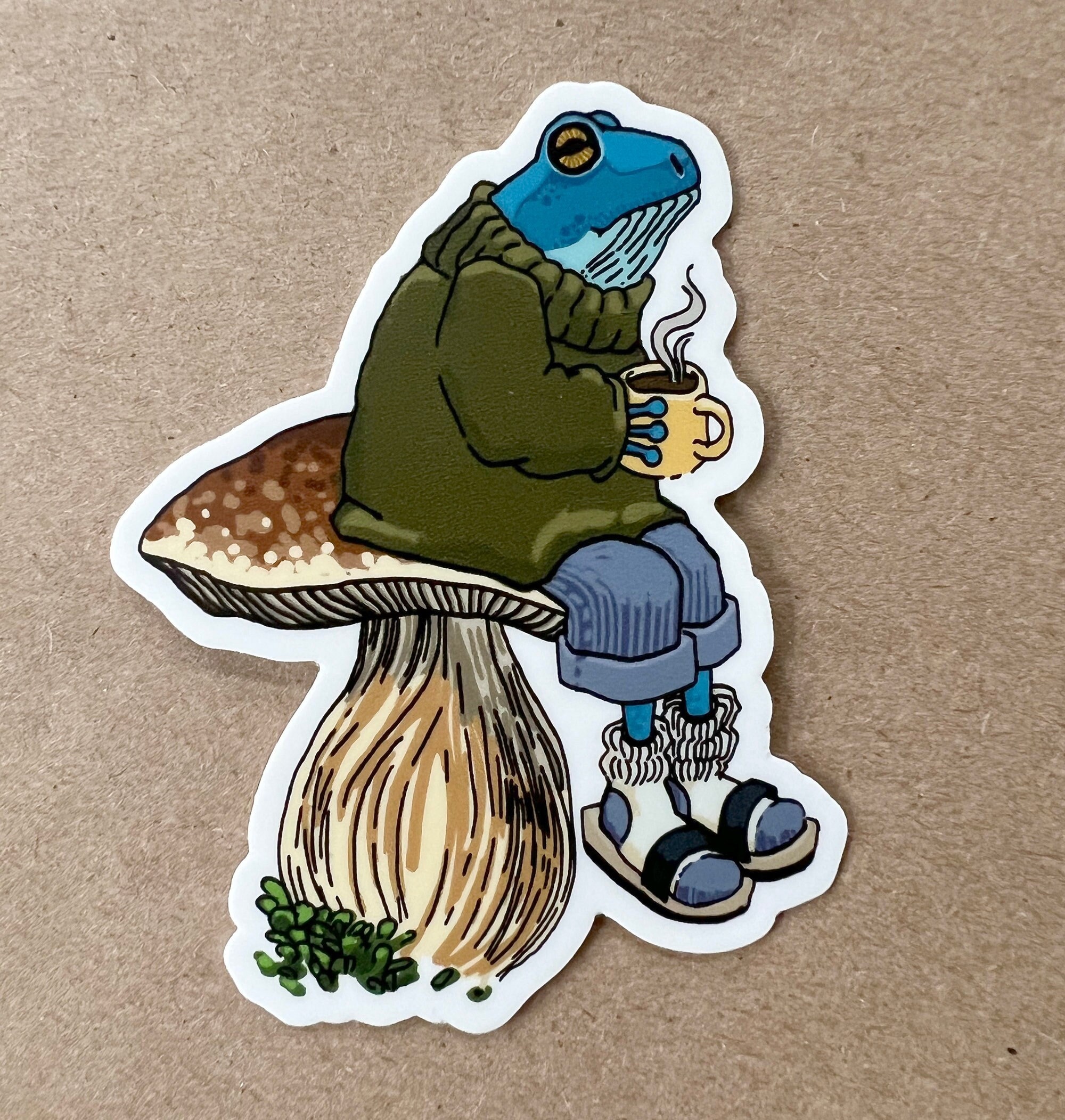 Adorable Blue Frog on a Mushroom