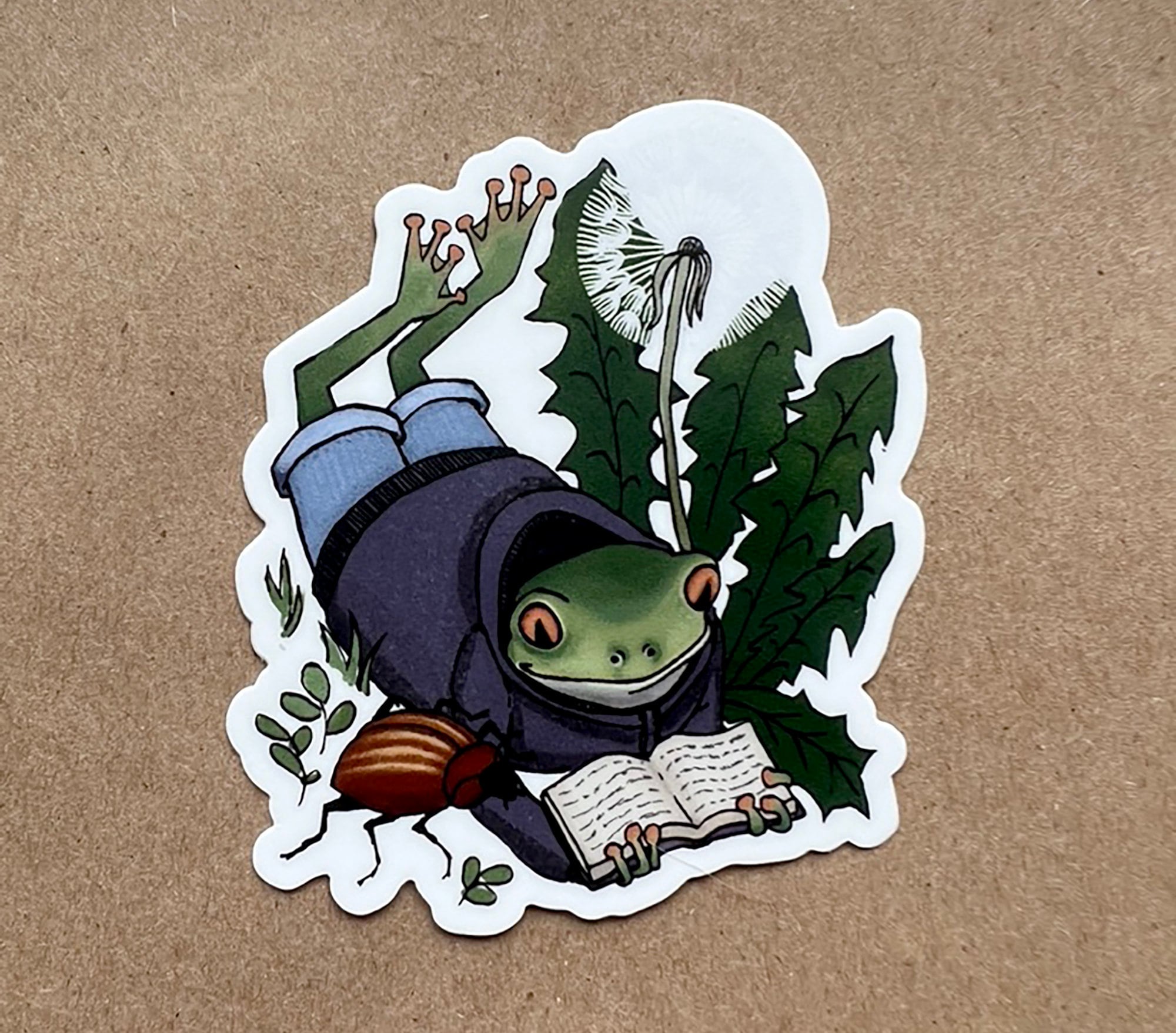 Frog Reading Under a Dandelion Puff